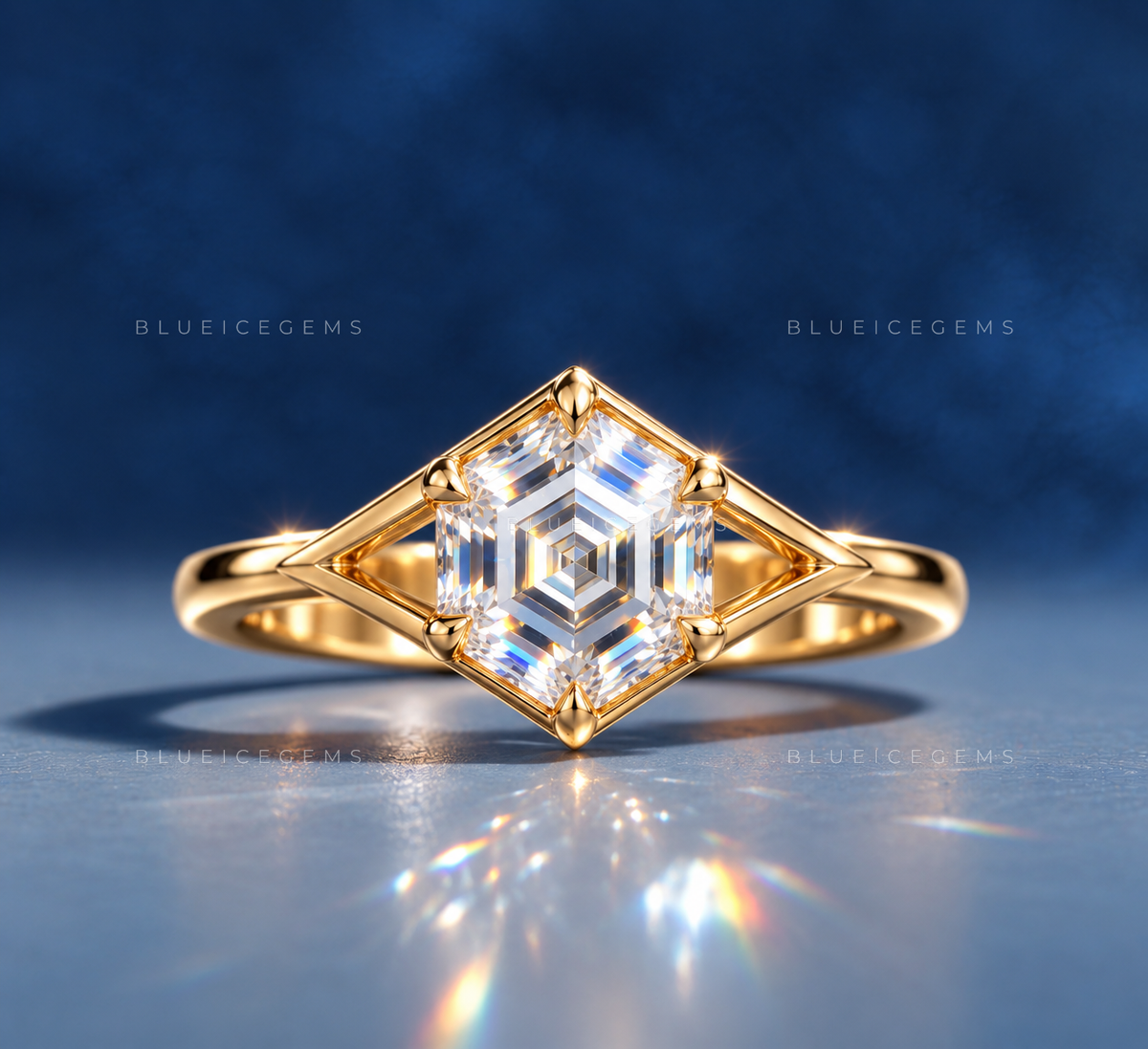 Geometric Essence Hexagon Step Cut Six Prong Ring