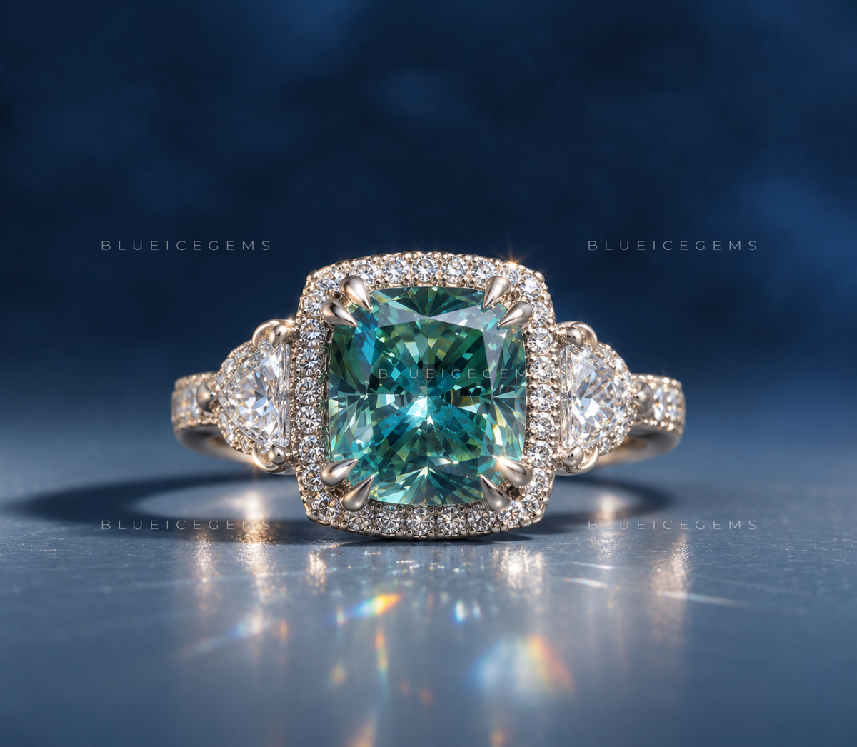 Azure Serenity Cushion and Halfmoon Five-Stone Ring
