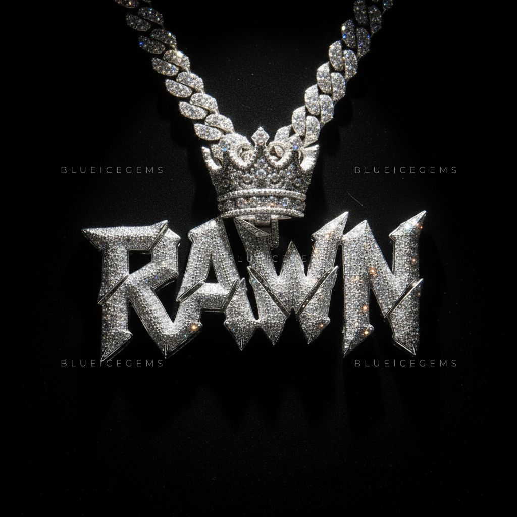 "RAWN" Custom Sharp-Script Iced-Out Pendant with Crown
