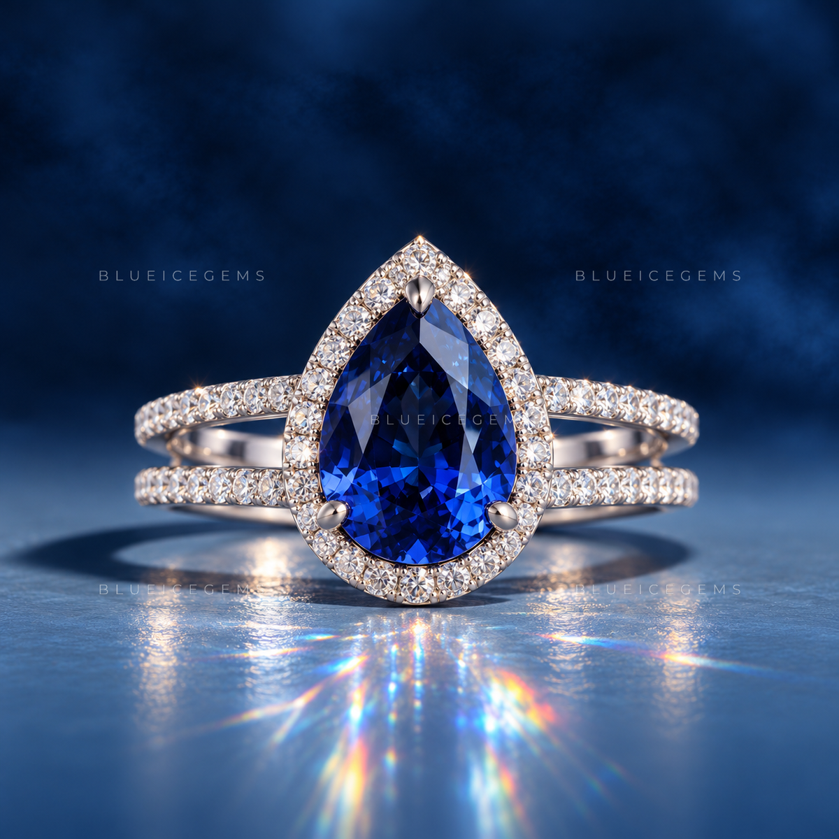 Royal Midnight Pear Sapphire Double Row Halo Ring