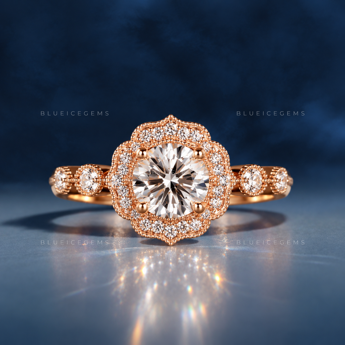 Art Deco Round Cut Halo Cathedral Engagement Ring