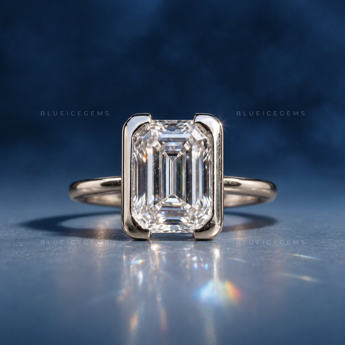 Modern Minimalist Emerald Cut Half Bezel Solitaire Engagement Ring