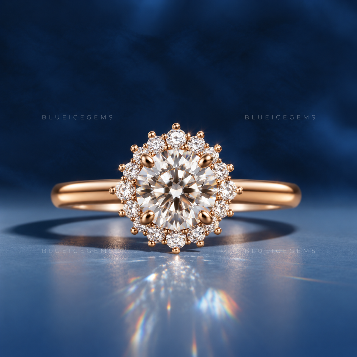 Whimsical Bloom Art Deco Floral Halo Engagement Ring