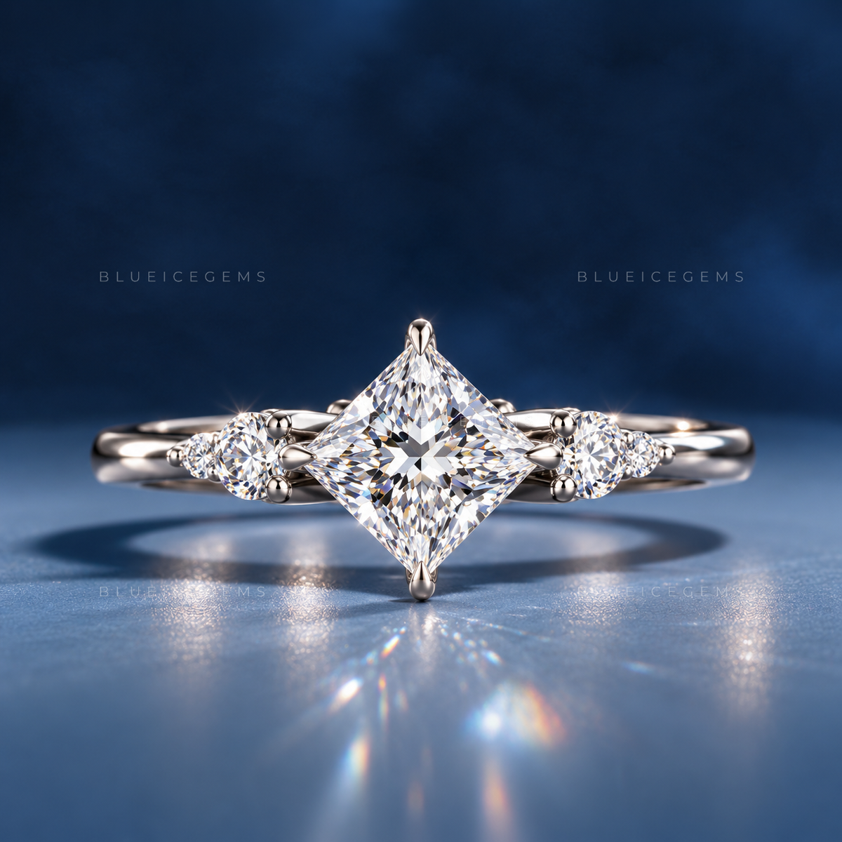 Regal Geometry Princess Cut Three Stone Compass Prong Engagement Ring