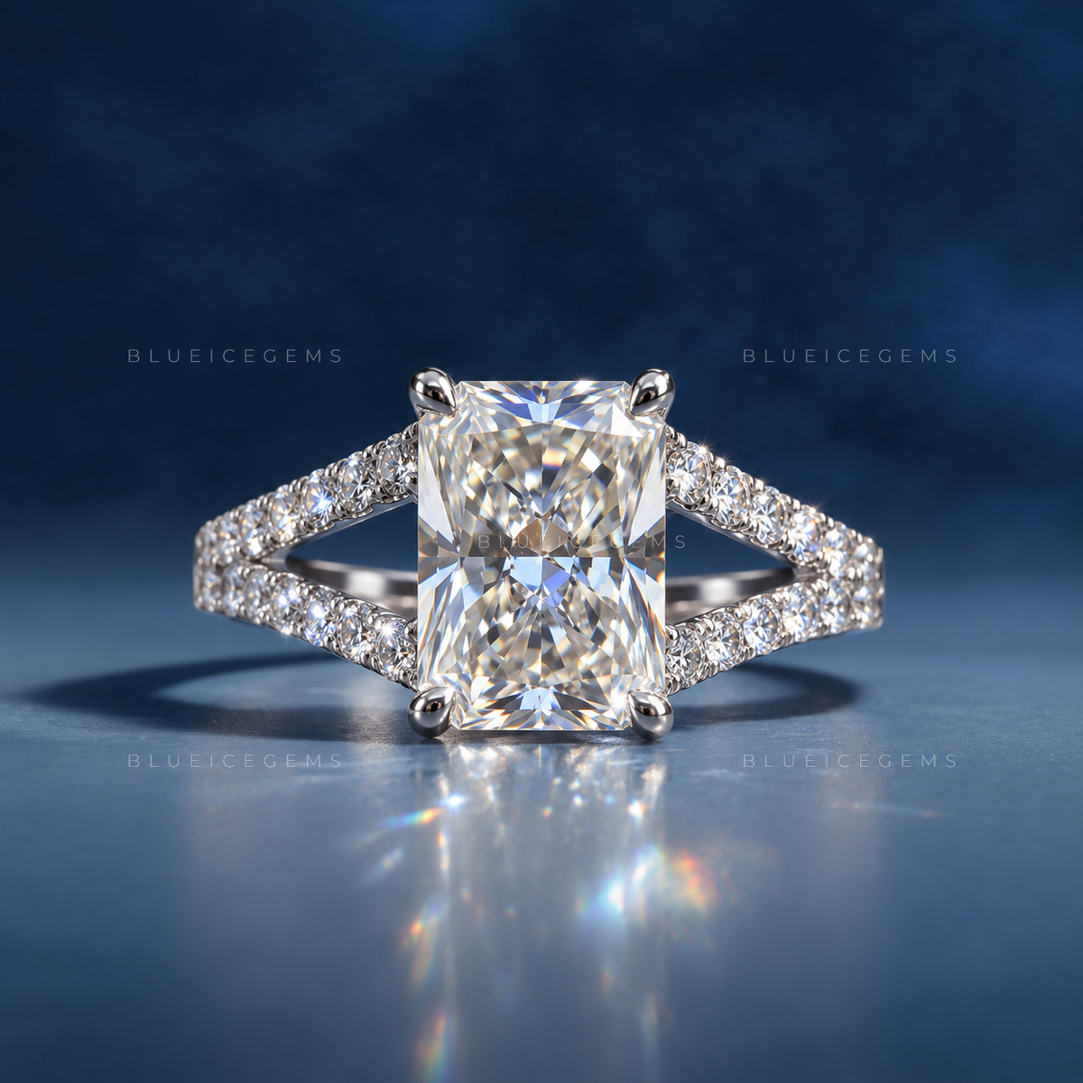 Architectural Grace Radiant Cut Split Shank Cathedral Engagement Ring