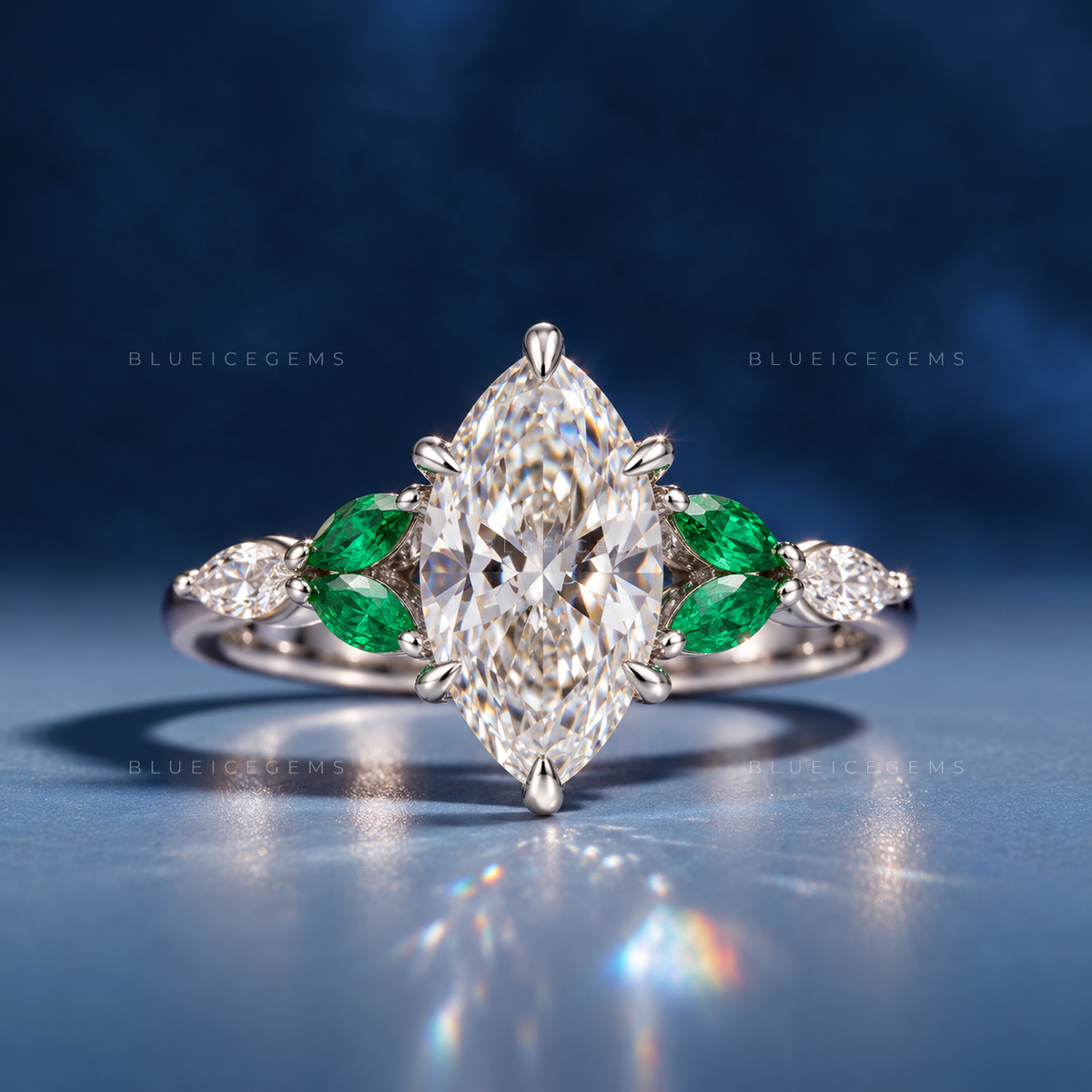 Enchanted Leaf Marquise Cut Engagement Ring with Emerald Accents