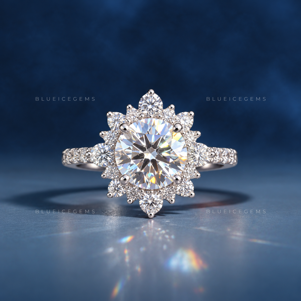 Ethereal Radiance Round Cut Cluster Halo Low Setting Engagement Ring