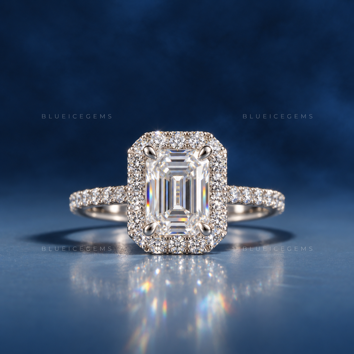 Opulent Harmony Emerald Cut Halo Engagement Ring with Pavé Band