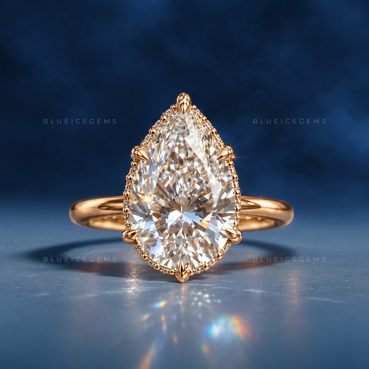 Nature Inspired Pear Cut Hidden Halo Leaf Prong Engagement Ring