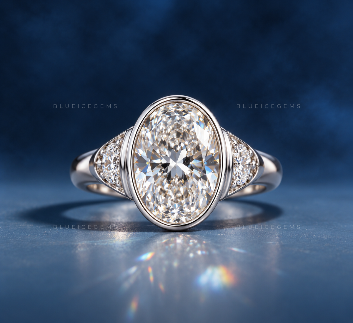 Majestic Harmony Oval Cut Bezel Three Stone Half Moon Engagement Ring