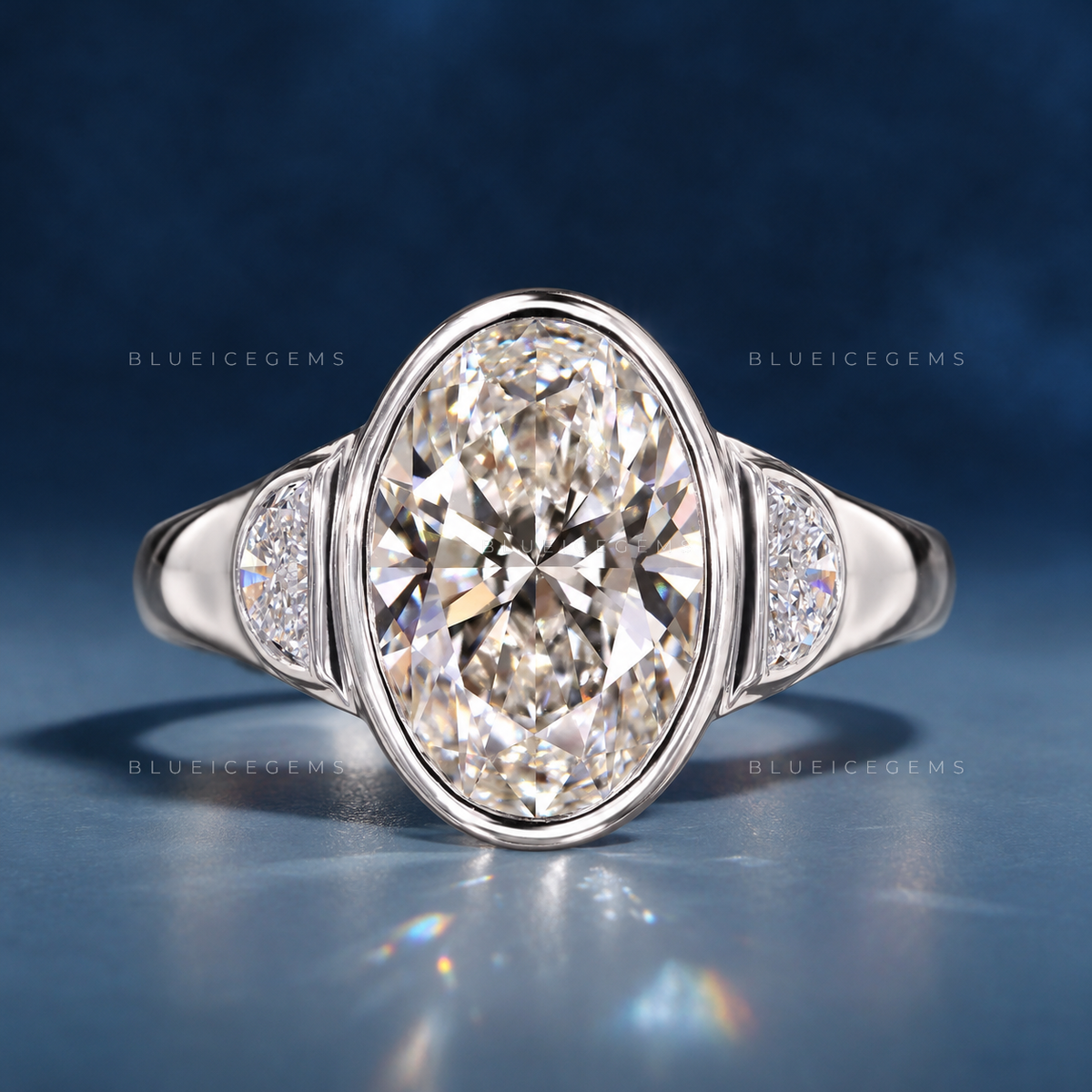 Majestic Harmony Oval Cut Bezel Three Stone Half Moon Engagement Ring