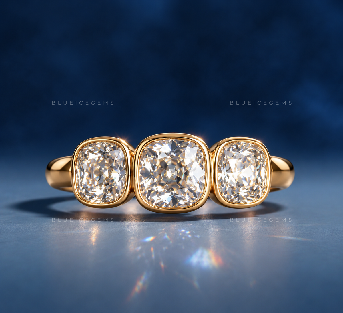 Timeless Charm Old Mine Cut Bezel Three Stone Engagement Ring