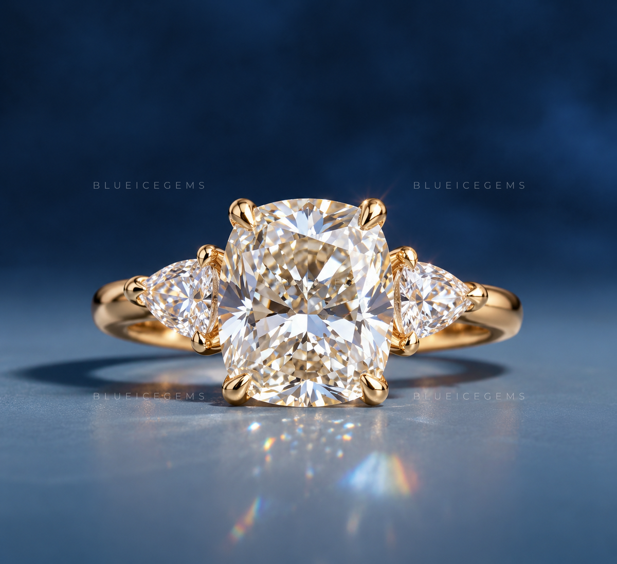 Radiant Symmetry Elongated Cushion Cut Trillion Three Stone Engagement Ring