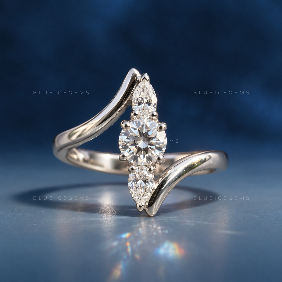 Modern Cascade Vertical Bar Three Stone Bypass Ring