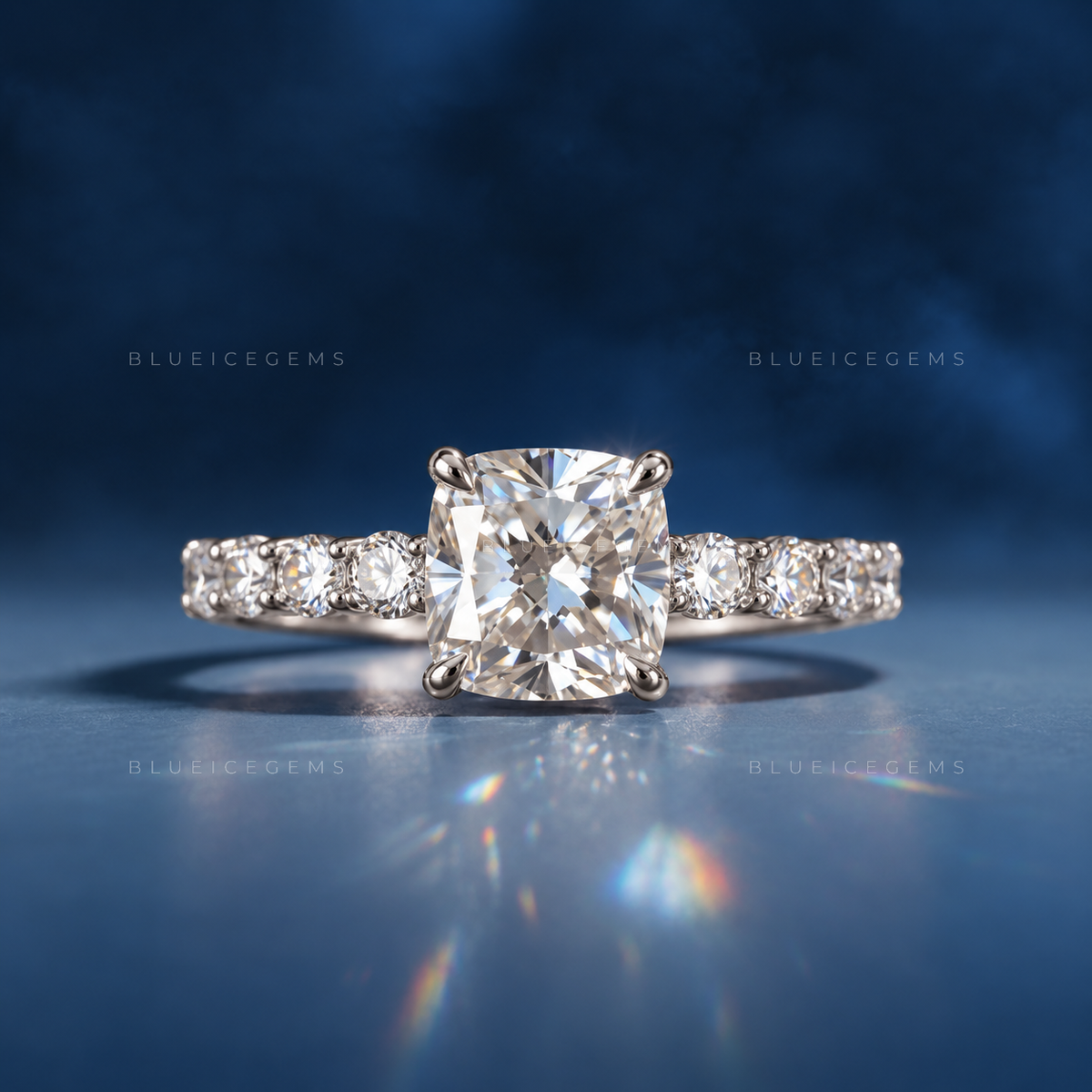 Elegance Cushion Cut Diamond Solitaire Ring with Side Accents