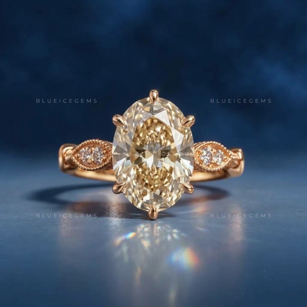 Vintage Inspired Oval Cut Compass Prong Engagement Ring with Diamond Accents