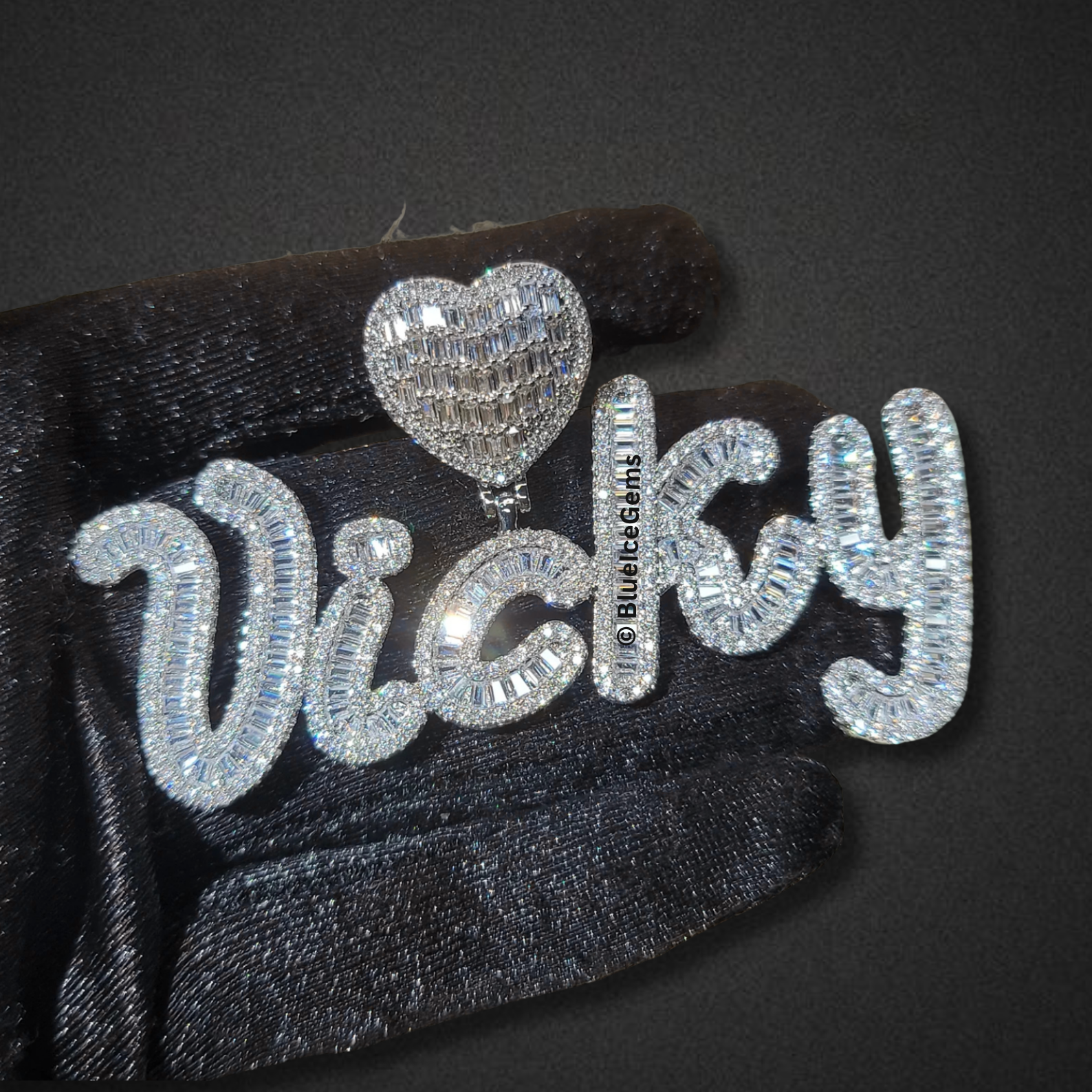 Custom Iced-Out Cursive Nameplate & Heart Necklace