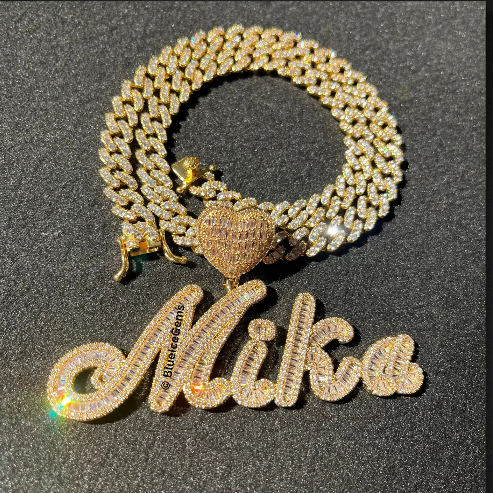 Custom Iced-Out Cursive Nameplate & Heart Necklace