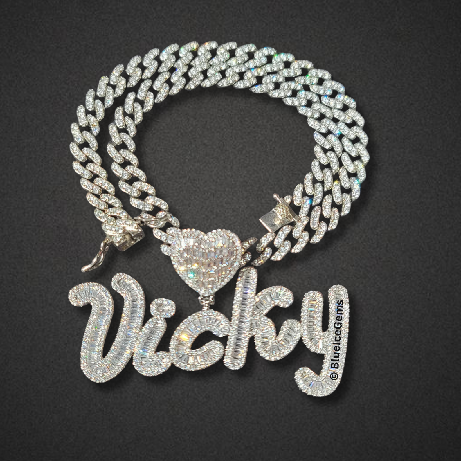 Custom Iced-Out Cursive Nameplate & Heart Necklace