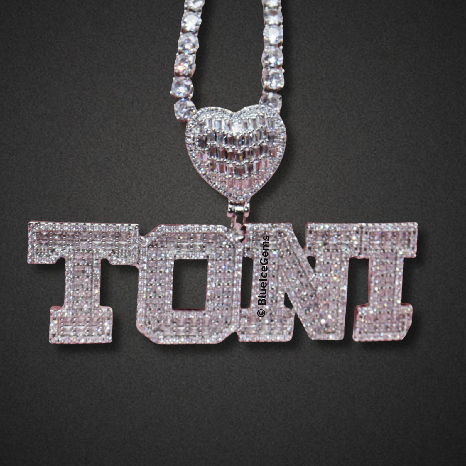 Custom Iced-Out Heart & Block Letter Name Necklace