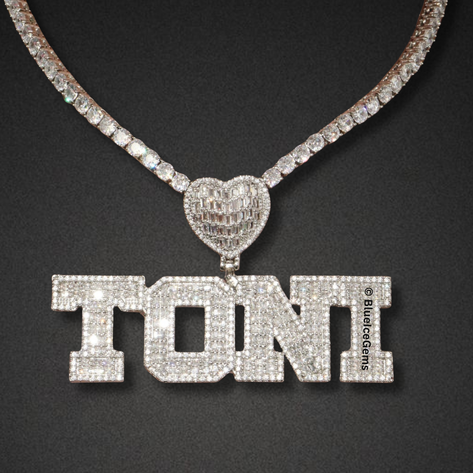 Custom Iced-Out Heart & Block Letter Name Necklace