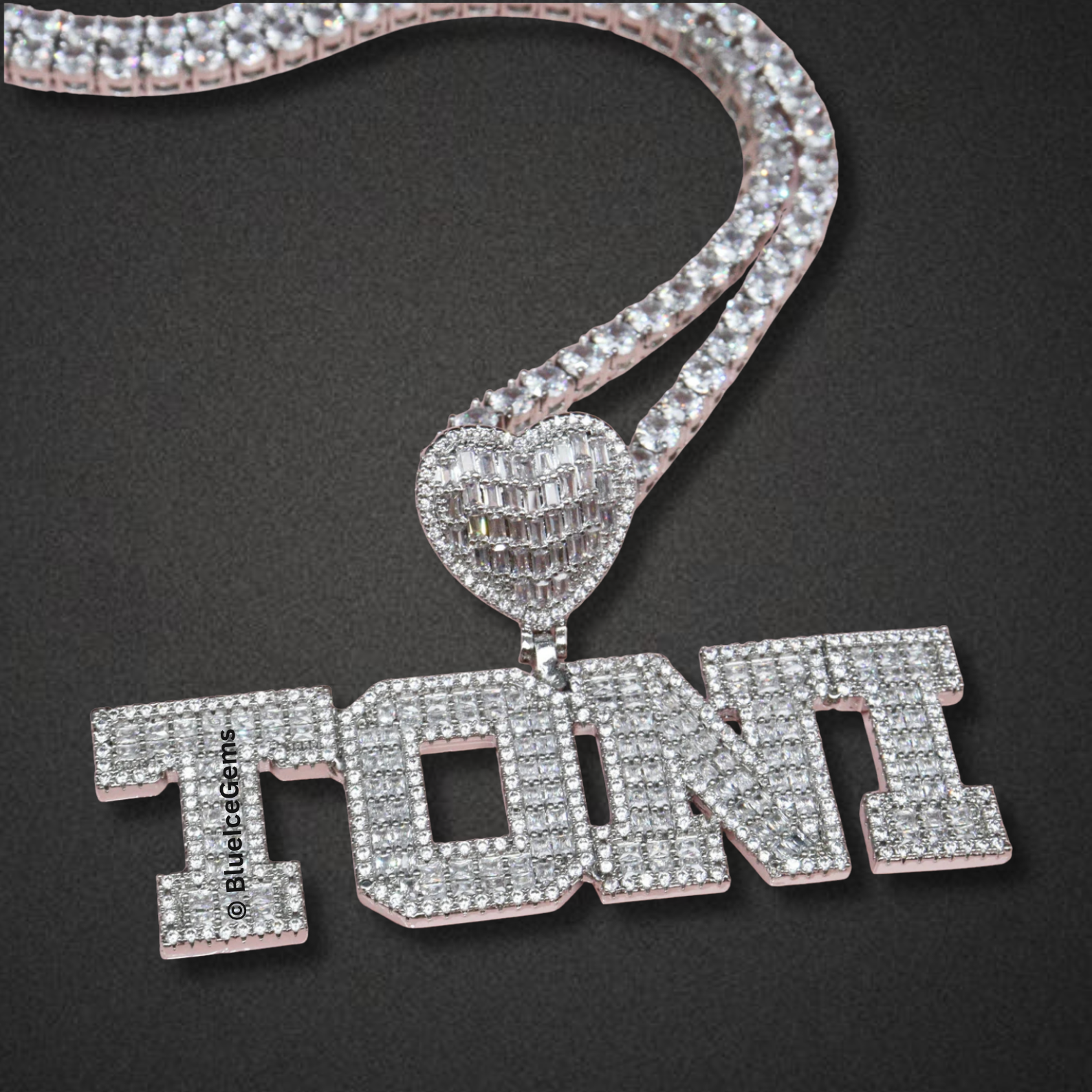Custom Iced-Out Heart & Block Letter Name Necklace