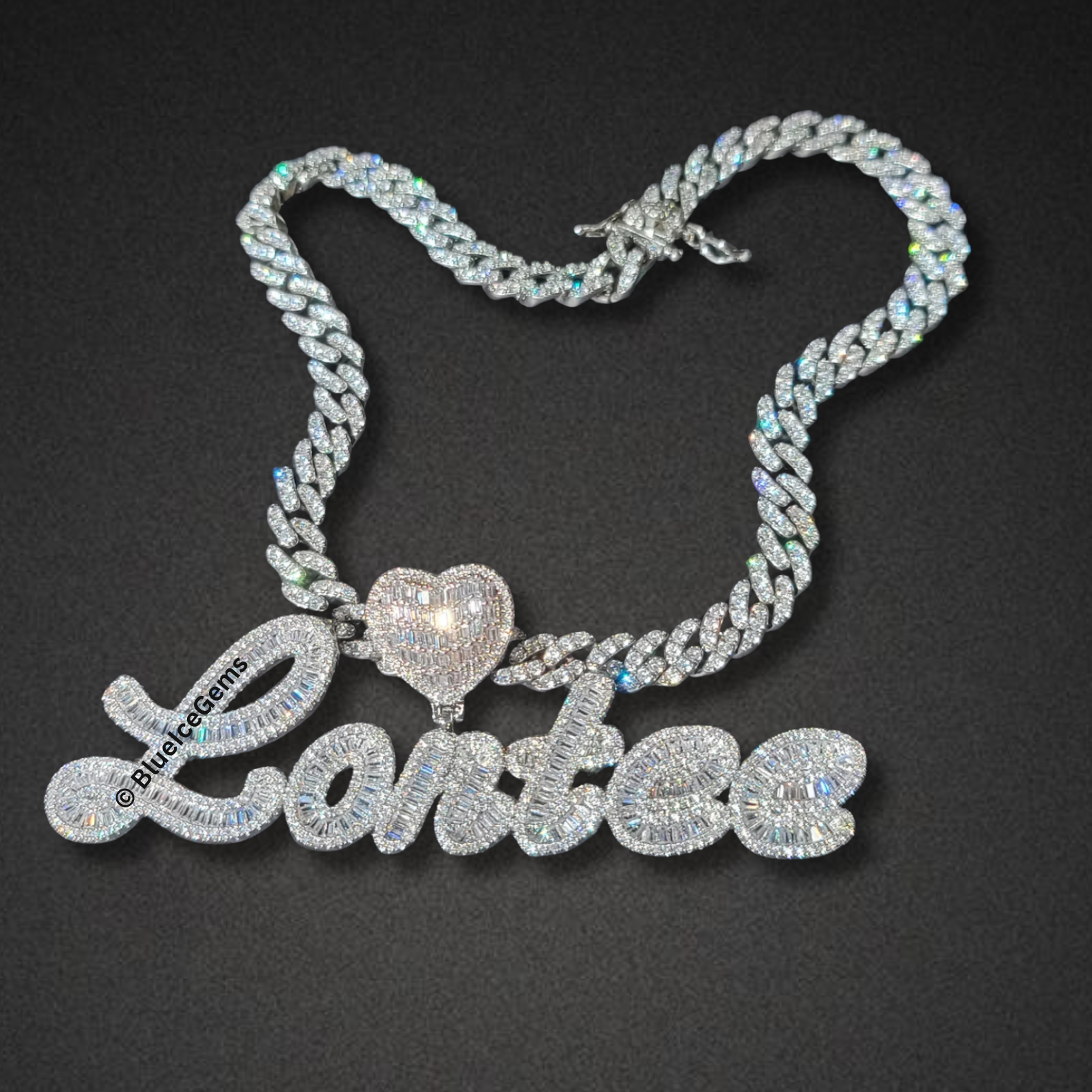 Custom Iced-Out Script Nameplate & Heart Necklace