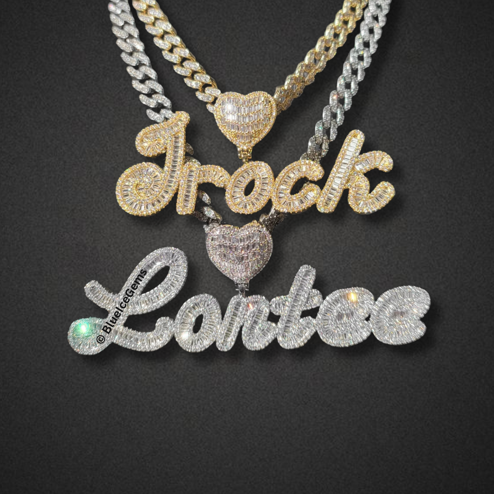 Custom Iced-Out Script Nameplate & Heart Necklace