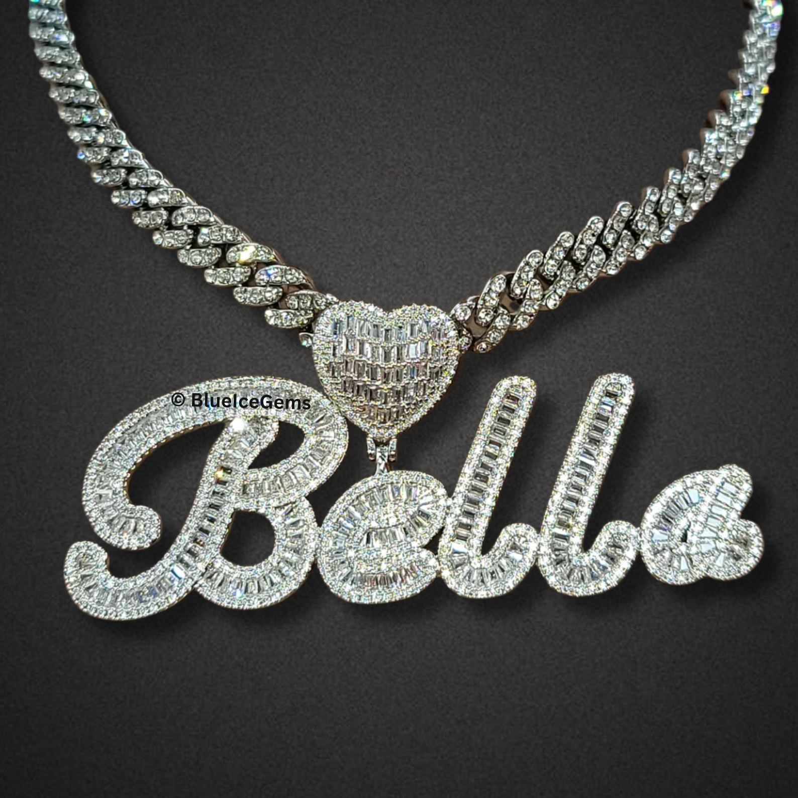 Custom Iced-Out Script Nameplate & Heart Necklace