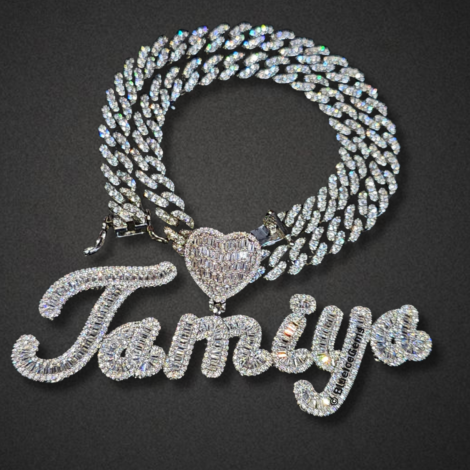 Custom Iced-Out Script Nameplate & Heart Necklace