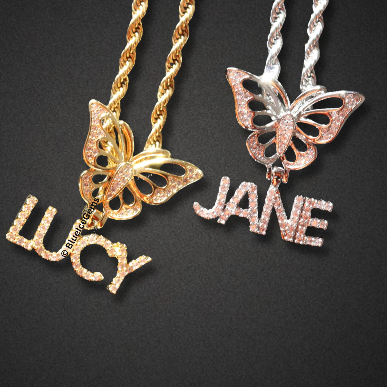 Iced-Out Butterfly & Custom Name Necklace