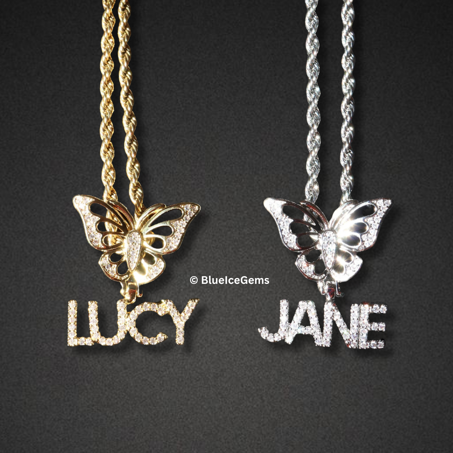 Iced-Out Butterfly & Custom Name Necklace