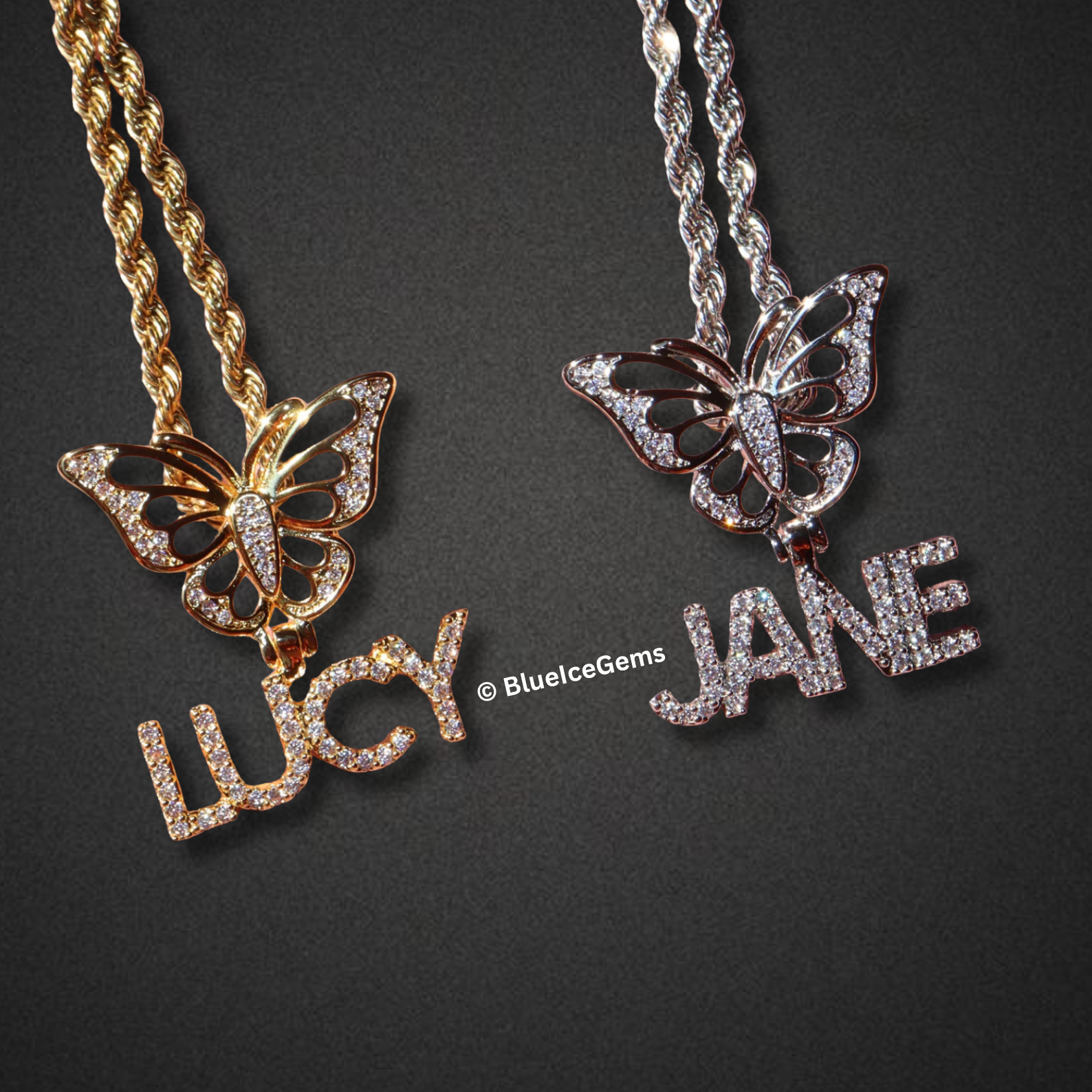 Iced-Out Butterfly & Custom Name Necklace