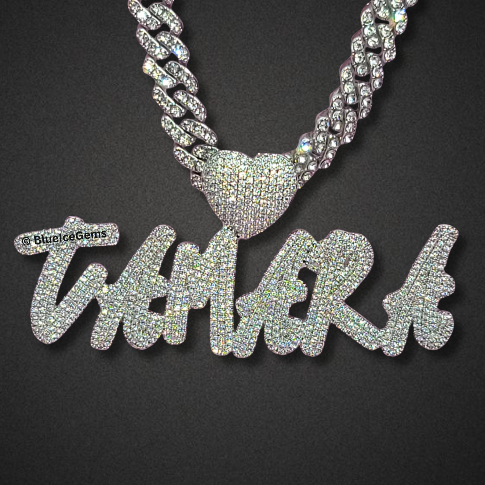 Custom Iced-Out "Bubble" Font Nameplate with Heart Necklace