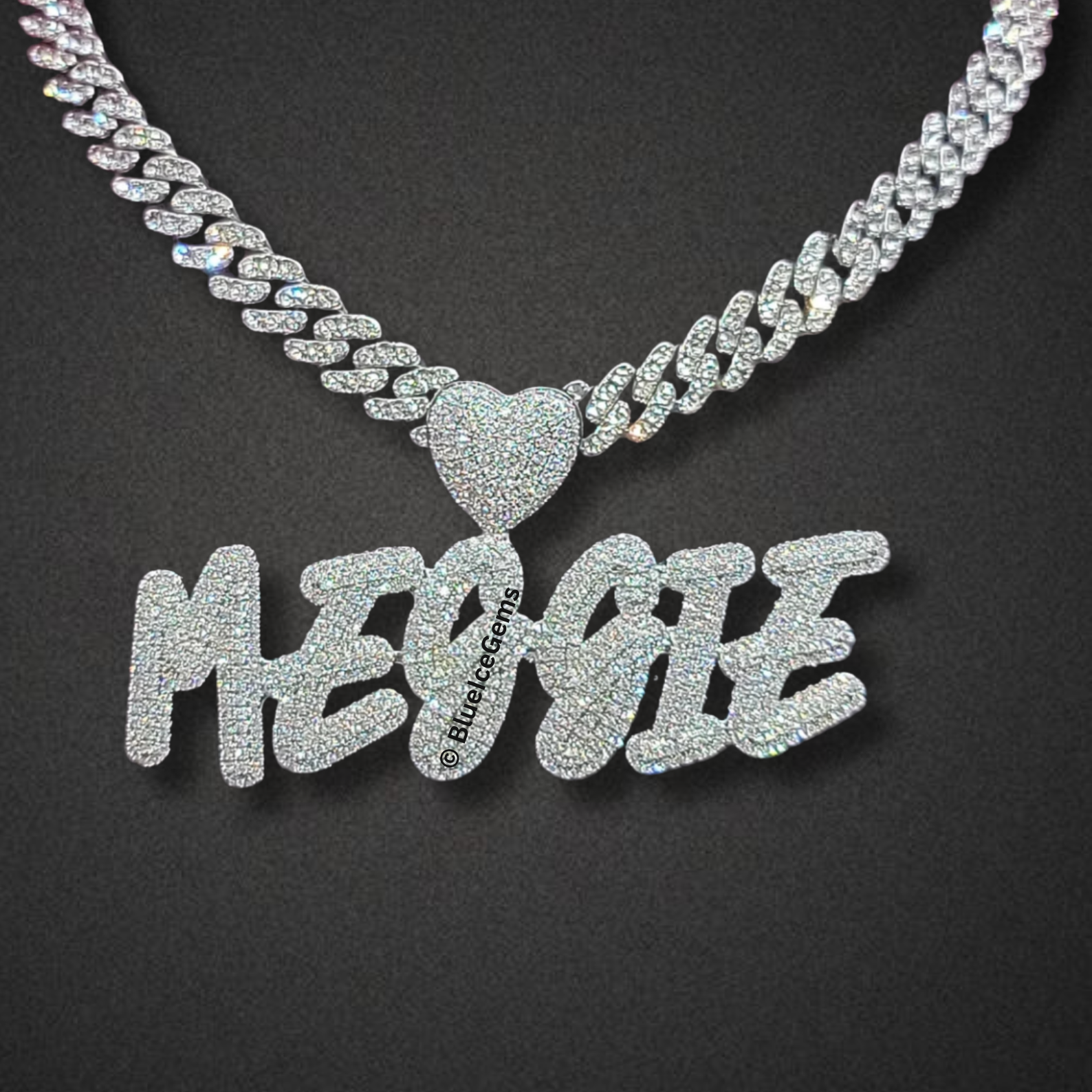 Custom Iced-Out "Bubble" Font Nameplate with Heart Necklace