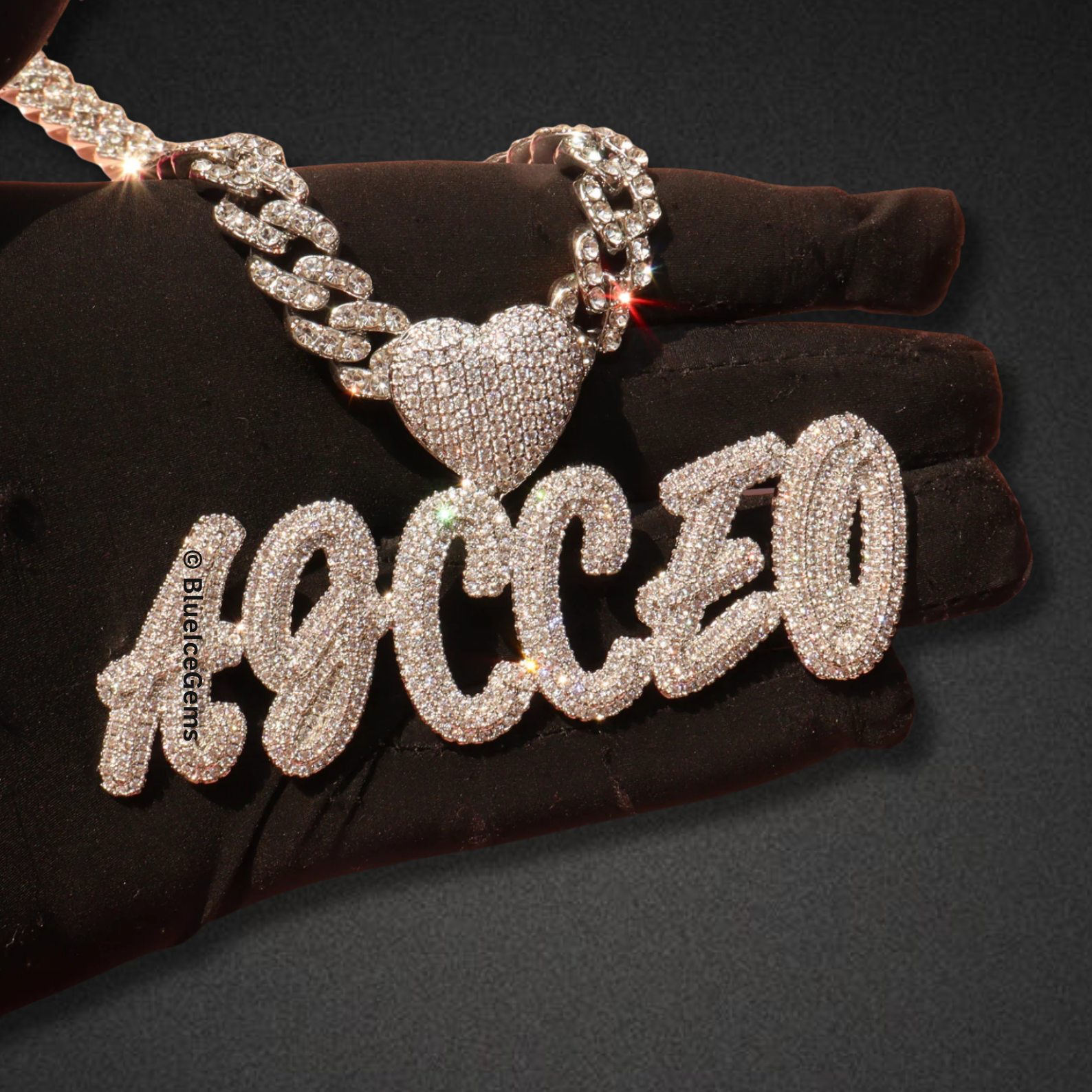 Custom Iced-Out "Bubble" Font Nameplate with Heart Necklace