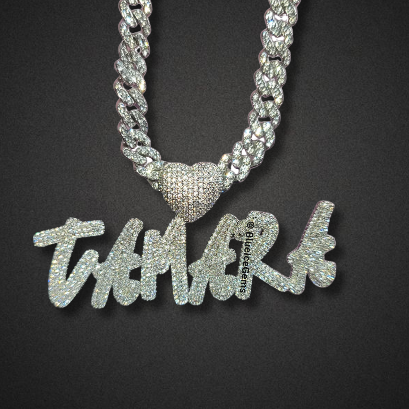 Custom Iced-Out "Bubble" Font Nameplate with Heart Necklace