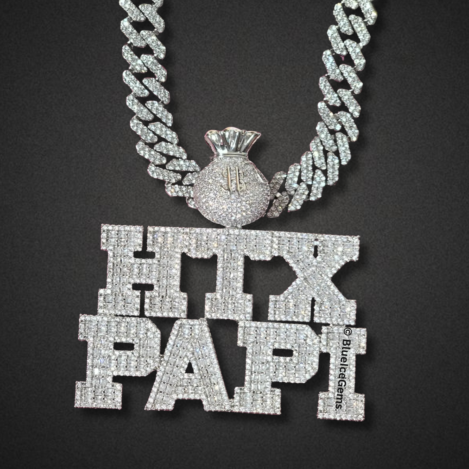 Iced-Out "H-Town Papi" Nameplate with Money Bag Necklace