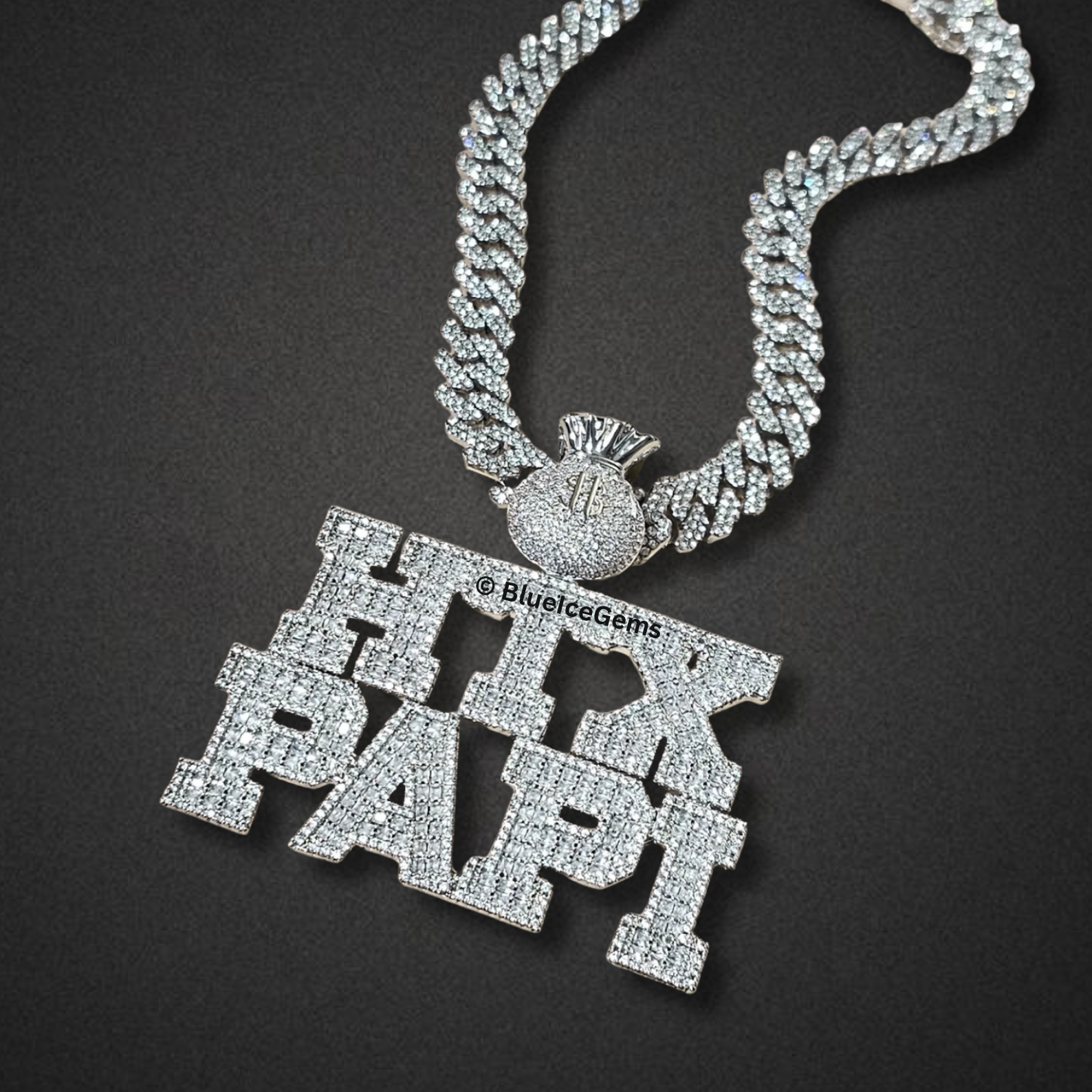 Iced-Out "H-Town Papi" Nameplate with Money Bag Necklace