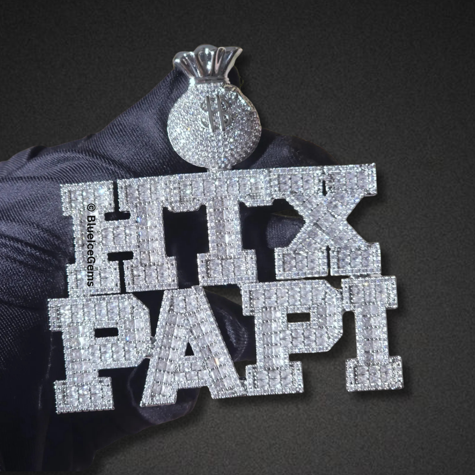 Iced-Out "H-Town Papi" Nameplate with Money Bag Necklace