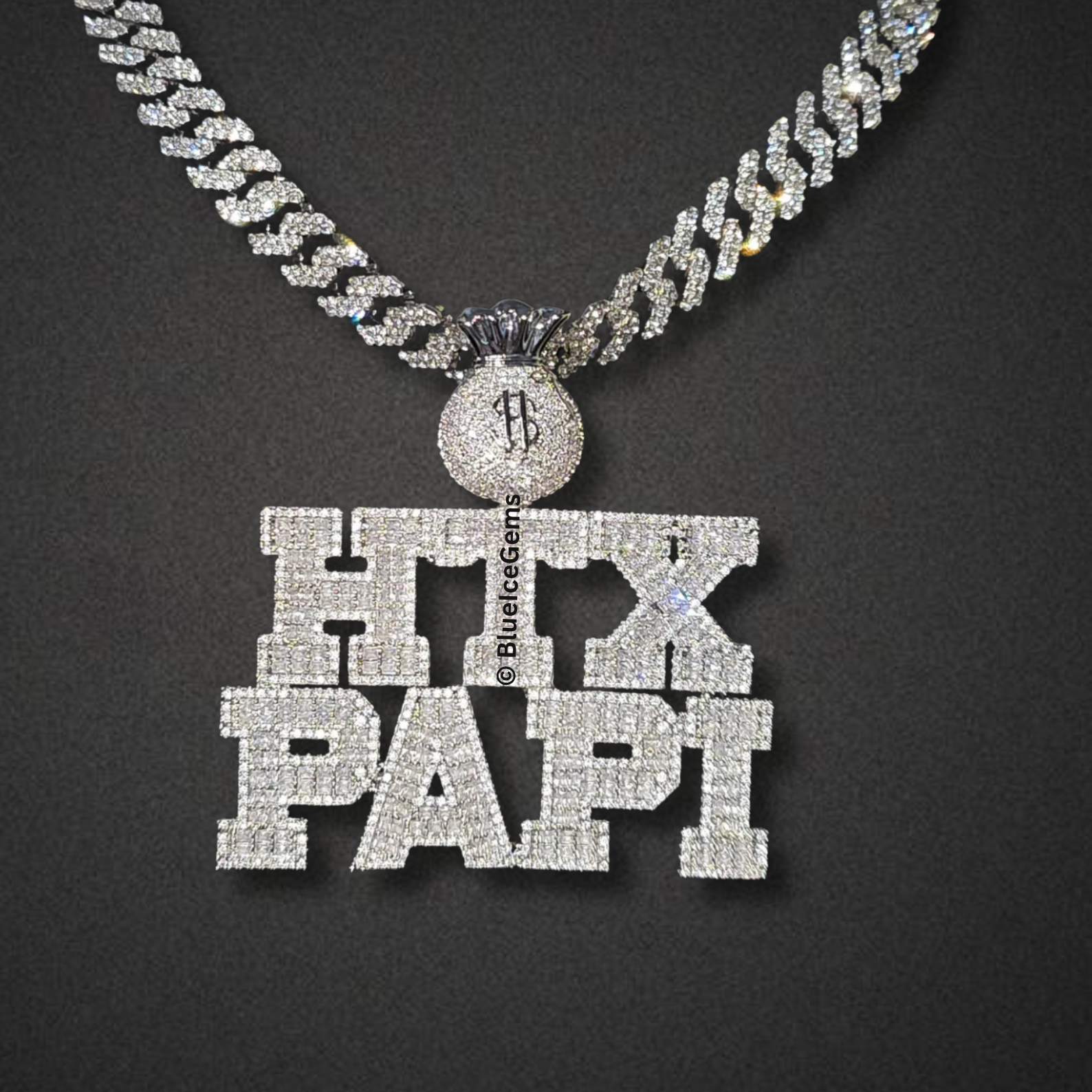 Iced-Out "H-Town Papi" Nameplate with Money Bag Necklace