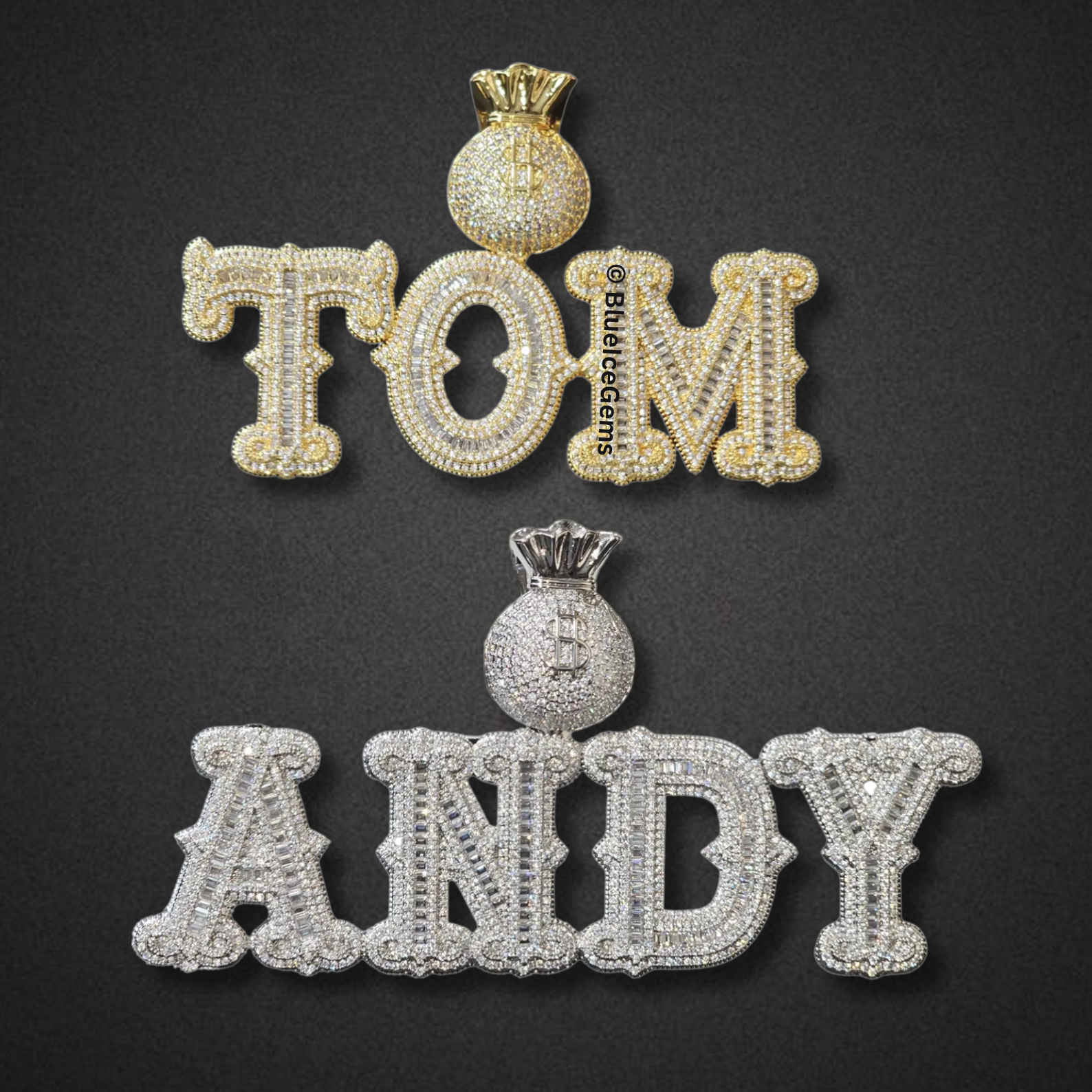 Custom Iced-Out Nameplate with Money Bag Necklace