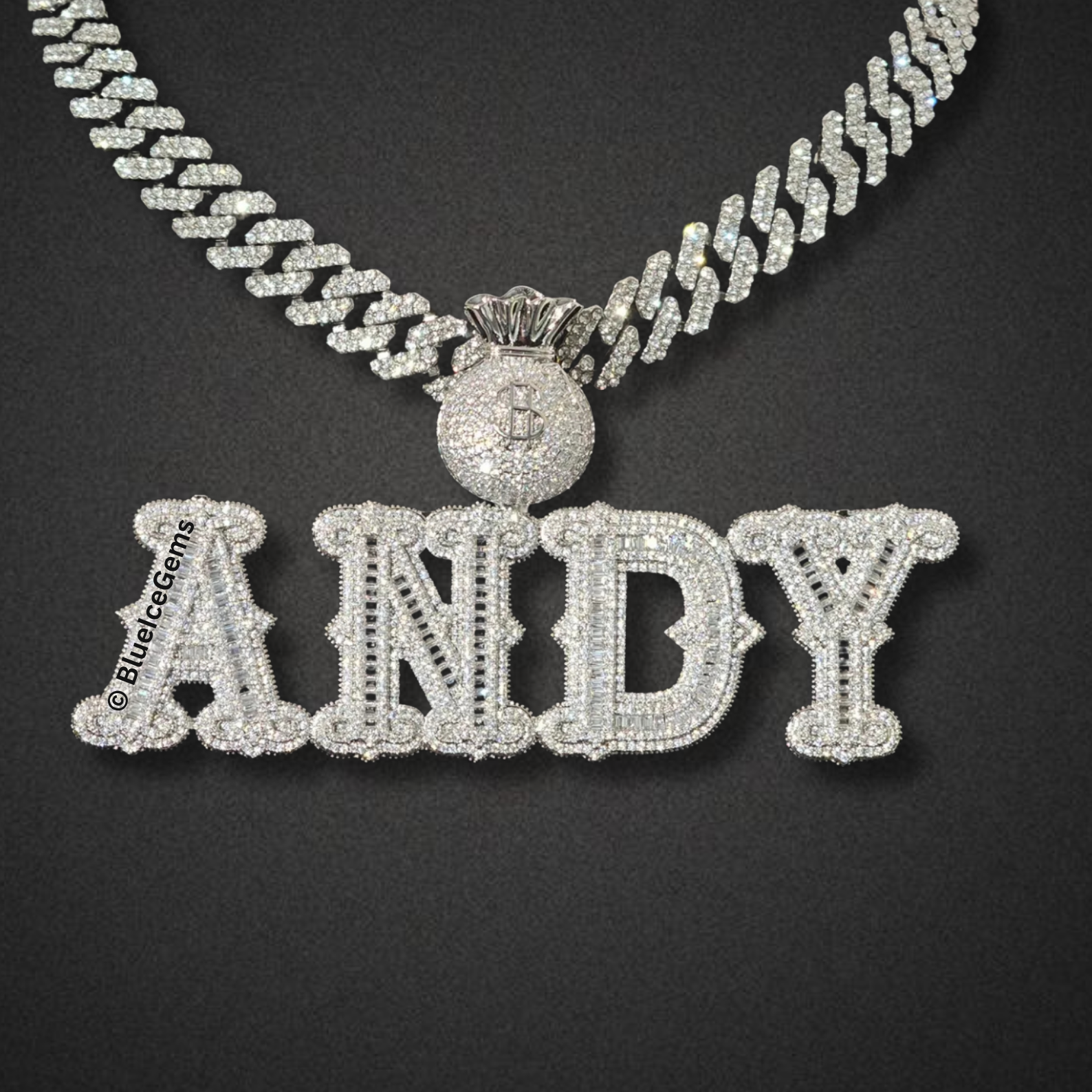 Custom Iced-Out Nameplate with Money Bag Necklace