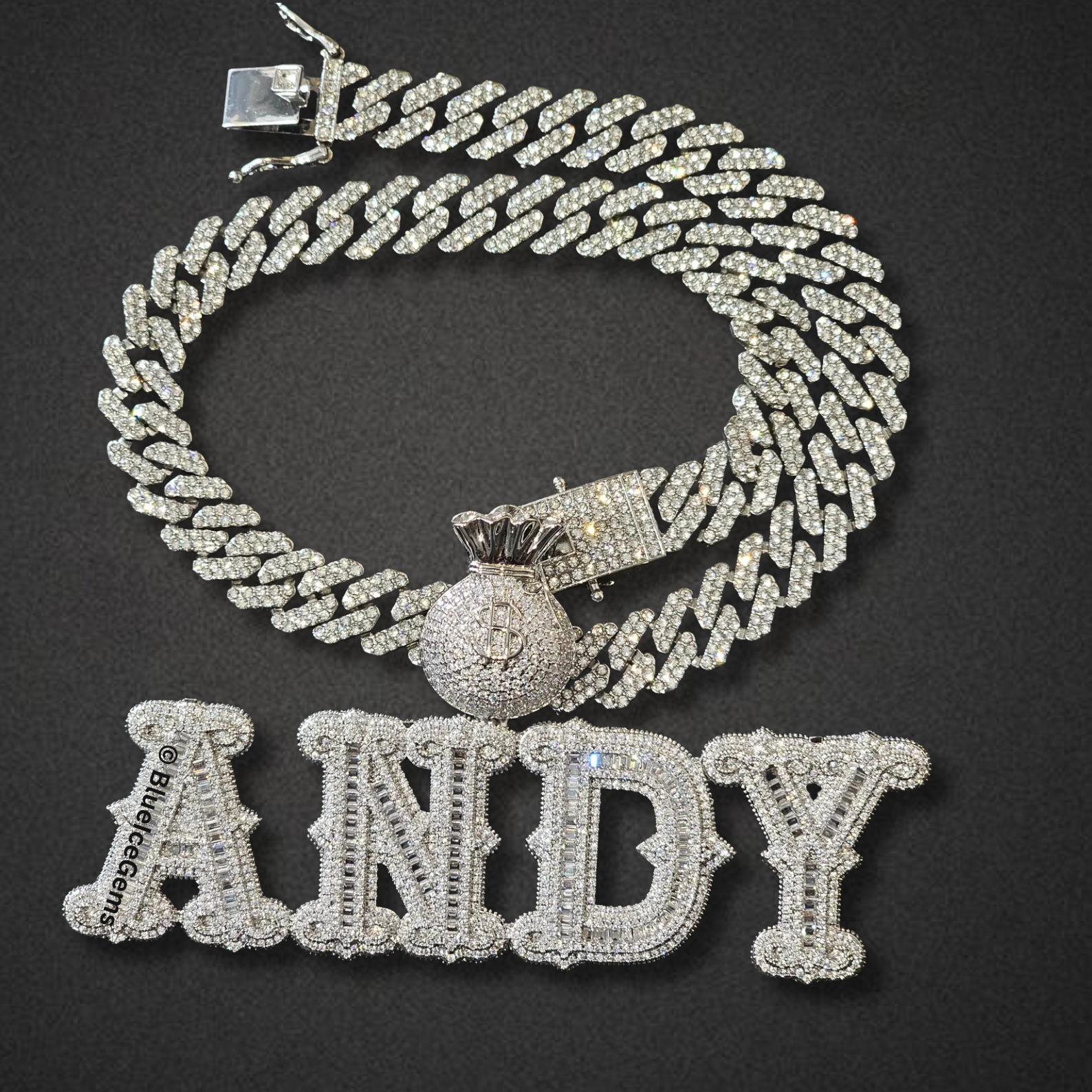Custom Iced-Out Nameplate with Money Bag Necklace