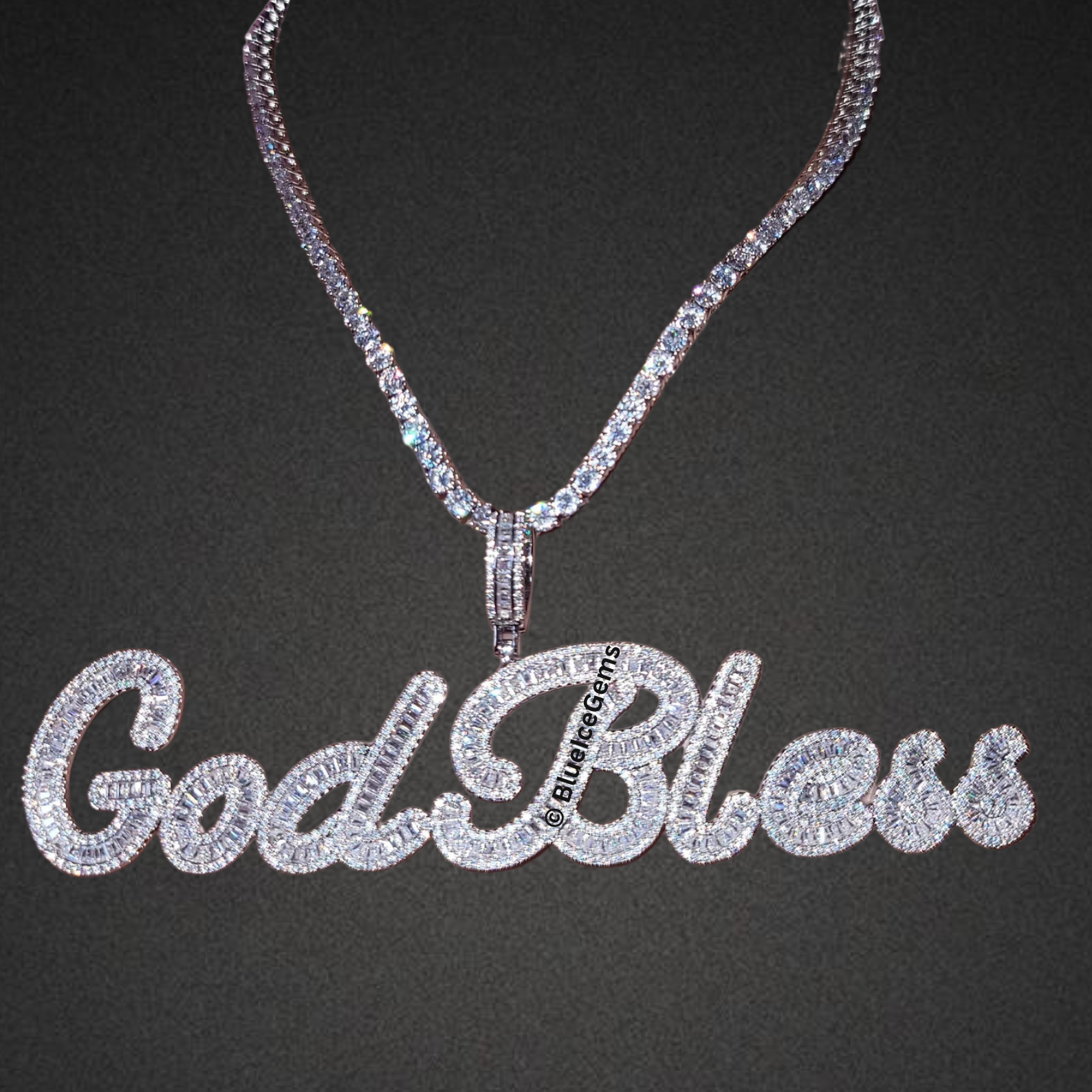 Iced-Out "God Bless" Script Necklace