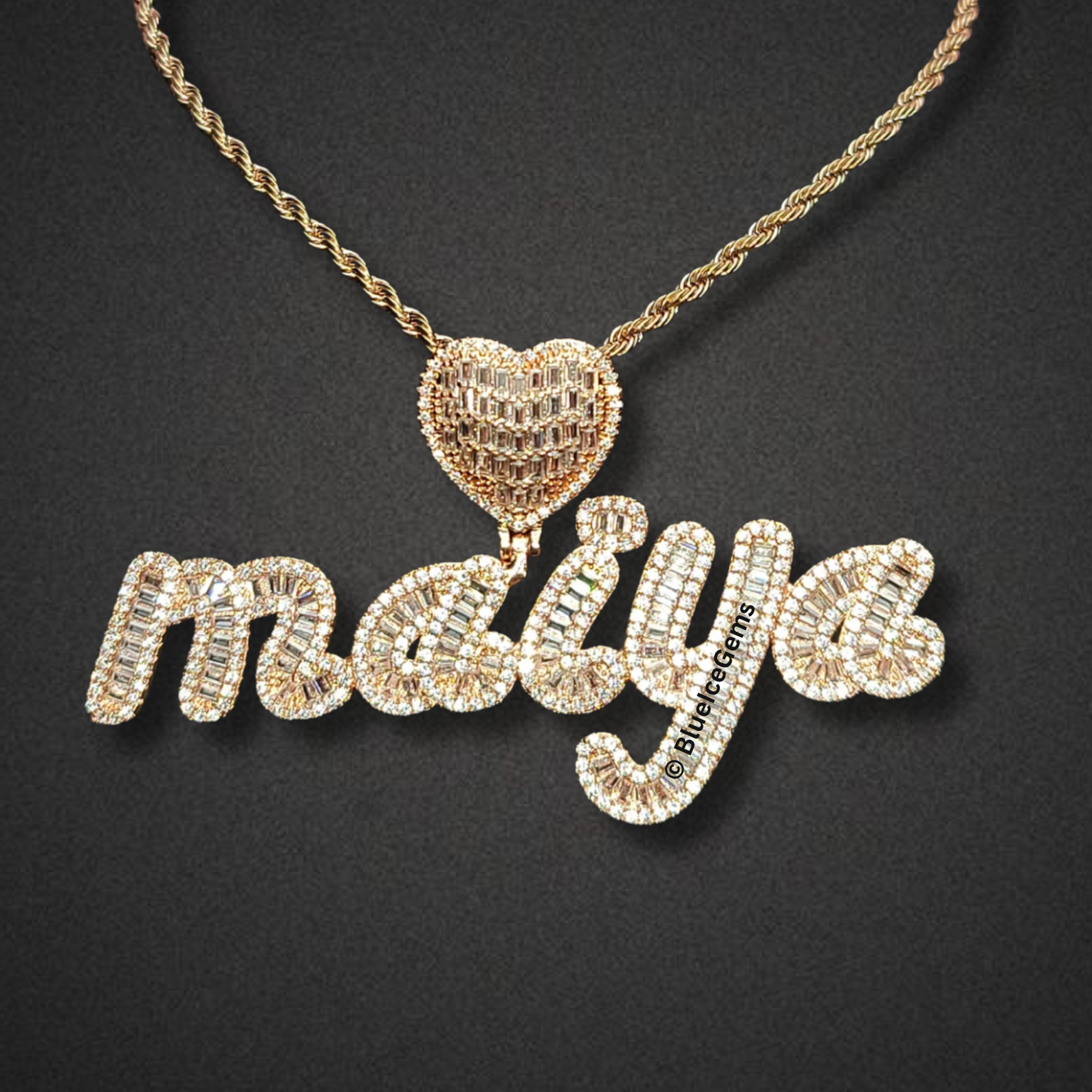 Custom Iced-Out Script Nameplate with Heart Necklace