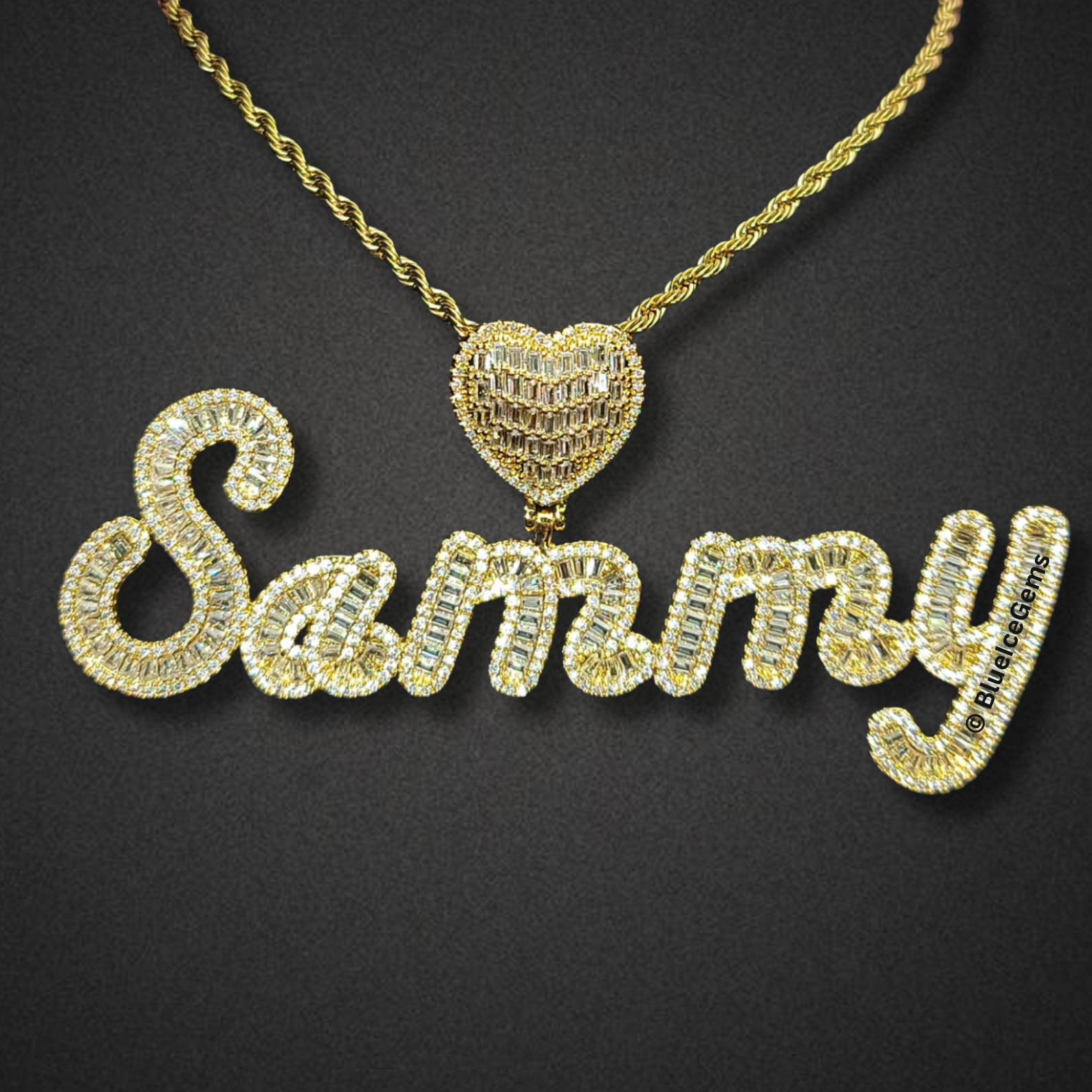 Custom Iced-Out Script Nameplate with Heart Necklace