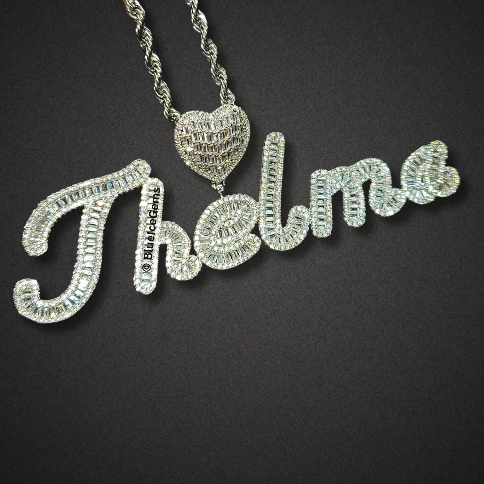 Custom Iced-Out Script Nameplate with Heart Necklace