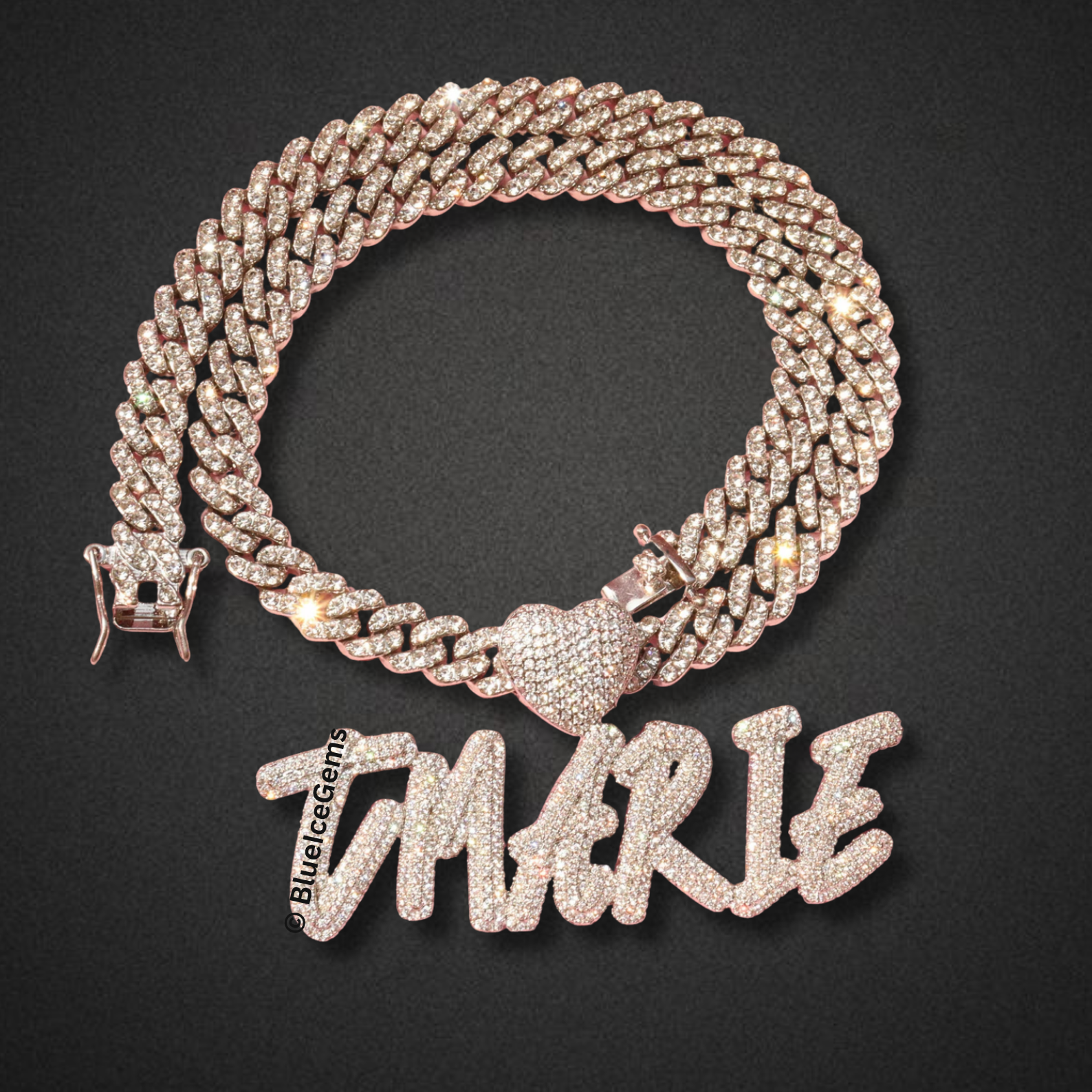 Custom Iced-Out "TMARIE" Bubble Font Nameplate with Heart Necklace