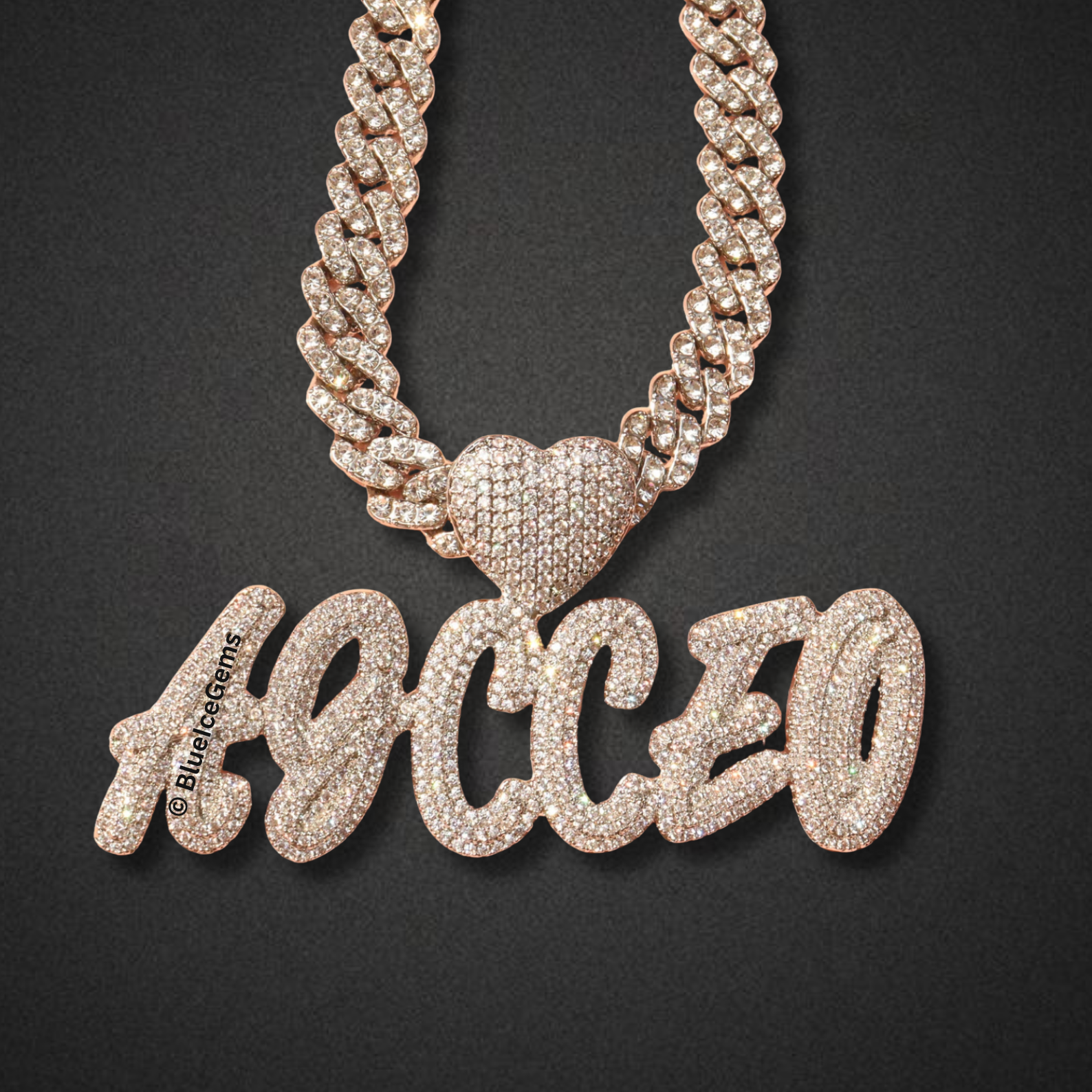 Custom Iced-Out "TMARIE" Bubble Font Nameplate with Heart Necklace